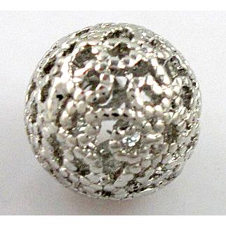 Hollow Alloy bead, round, platinum plated