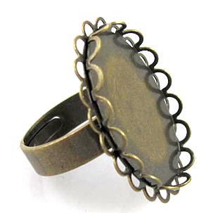 adjustable finger Ring with bezel tray, copper, antique bronze, nickel free
