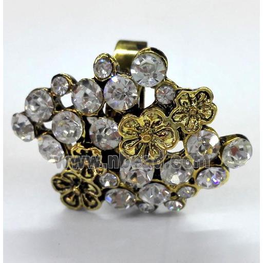 finger Ring with rhinestone, alloy bead, adjustable, antique gold