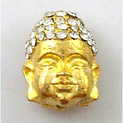 bracelet-spacer, Buddha charm, alloy bead with rhinestone, gold plated
