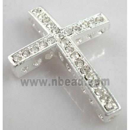 bracelet spacer, alloy cross with rhinestone, silver plated