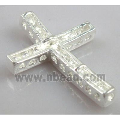 bracelet spacer, alloy cross with rhinestone, silver plated