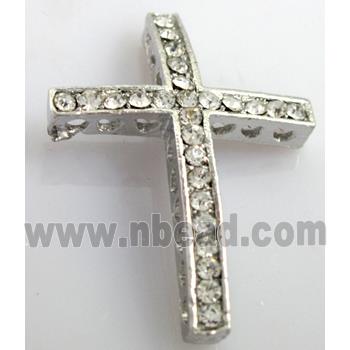 bracelet spacer, alloy cross with rhinestone, platinum plated
