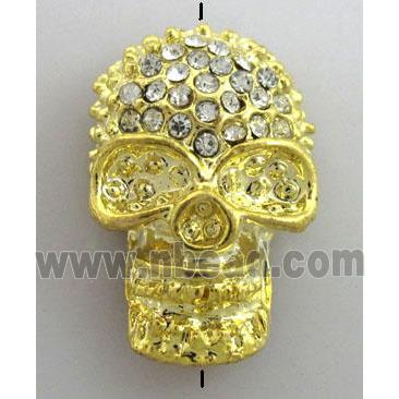 Skull charm, bracelet spacer, alloy bead with rhinestone, gold plated
