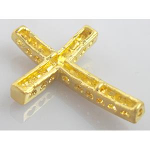 bracelet spacer, alloy cross with rhinestone, golden