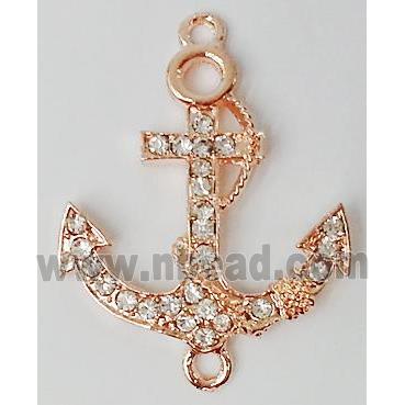 anchor charm, Bracelet bar, alloy connector with rhinestone, red copper