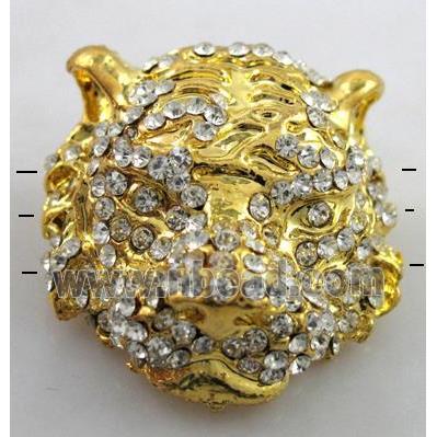 Bracelet bar, alloy bead with rhinestone, tiger head, gold