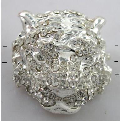 Bracelet bar, alloy bead with rhinestone, tiger, silver