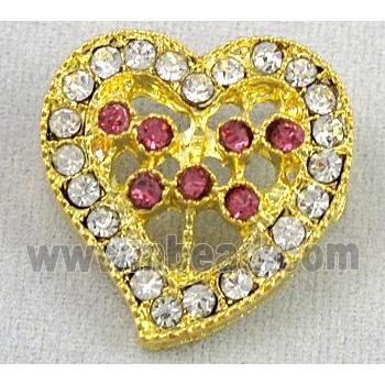 bracelet bar, alloy bead with rhinestone, heart, gold