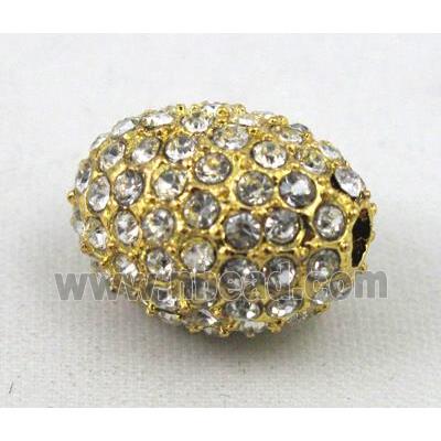 bracelet spacer, alloy bead with rhinestone, barrel, gold plated