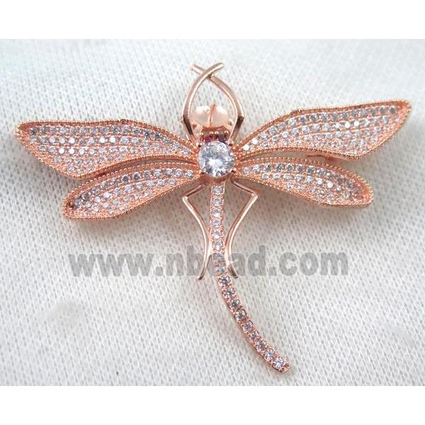 copper dragonfly brooch paved zircon, rose gold