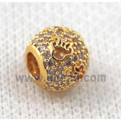 copper round beads paved zircon, hollow, gold plated