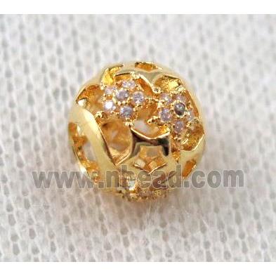 round copper bead paved zircon, hollow, gold plated