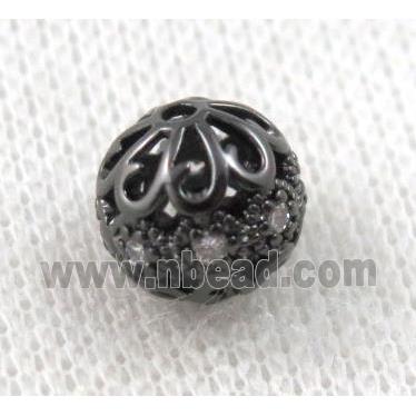 round copper bead paved zircon, black plated, hollow