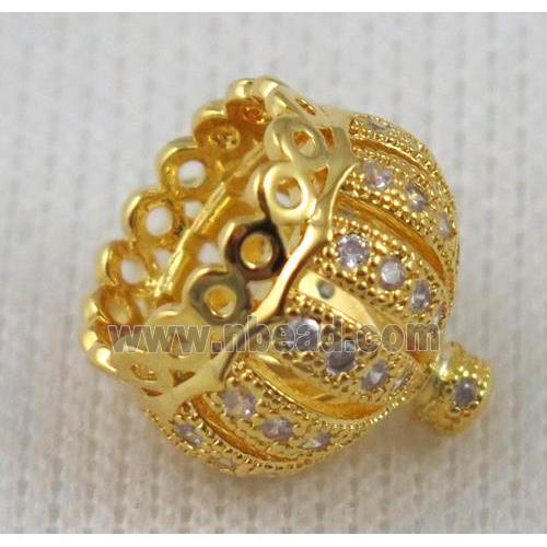 paved zircon copper bead, crown, gold plated