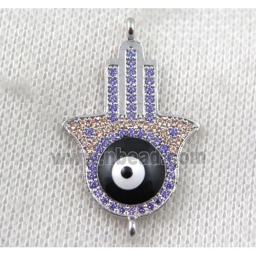 copper hamsahand connector paved zircon with evil eye, platinum plated
