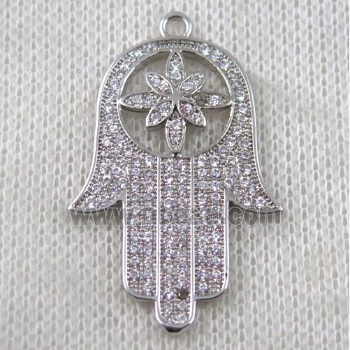 copper hamsahand pendant paved zircon, platinum plated