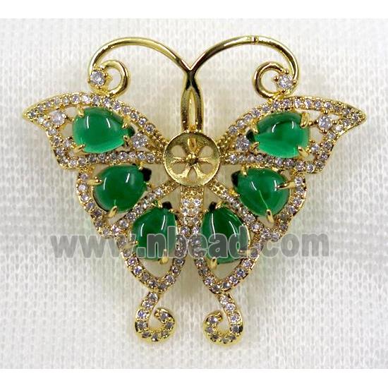 copper brooch paved zircon, gold plated, butterfly, green jade
