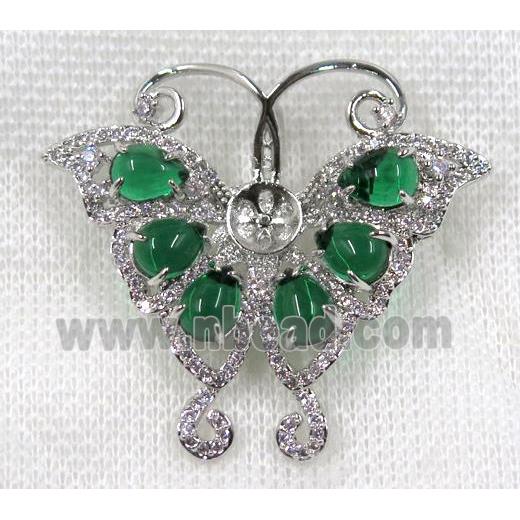 copper brooch paved zircon, platinum plated, butterfly, green jade