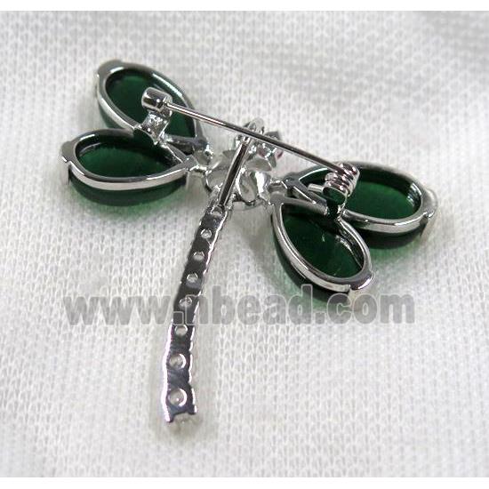 copper dragonfly brooch paved zircon with green jade, platinum plated