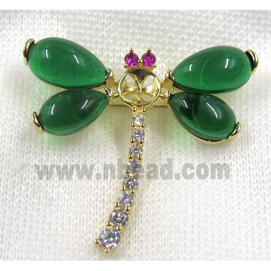 copper dragonfly brooch paved zircon with green jade, gold plated