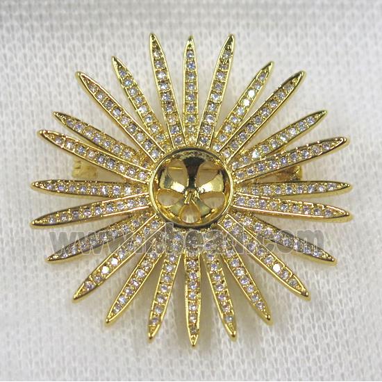 copper sunflower brooch paved zircon, gold plated