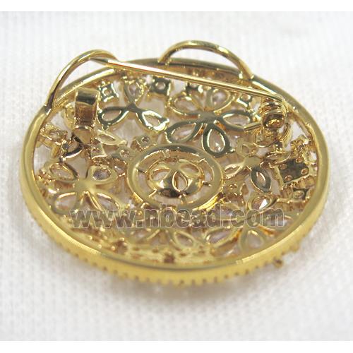 copper circle brooch paved zircon, gold plated