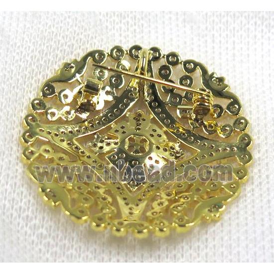 copper brooch paved zircon, gold plated