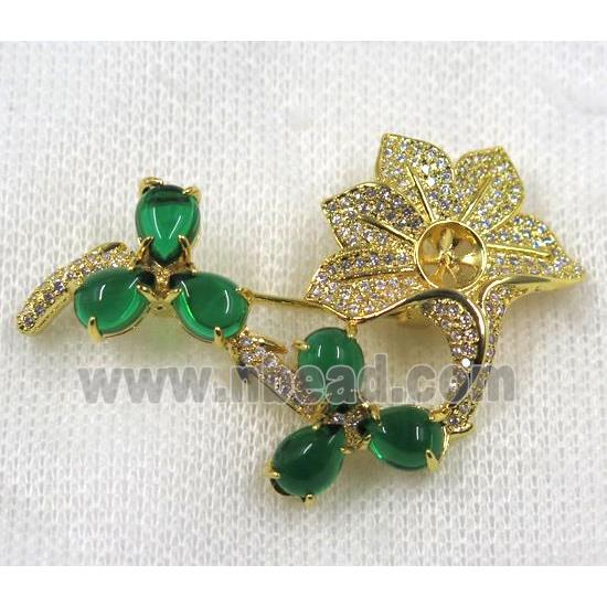 copper brooch paved zircon, gold plated, flower