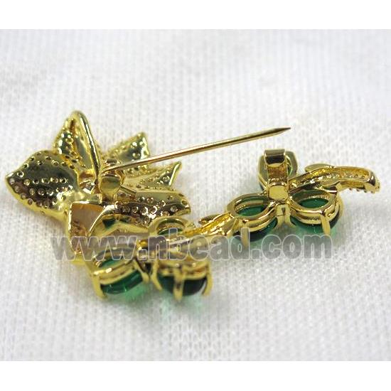 copper brooch paved zircon, gold plated, flower