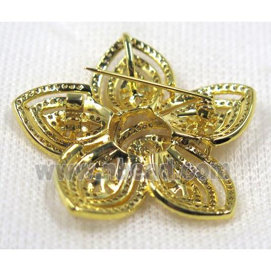 copper flower brooch paved zircon, gold plated