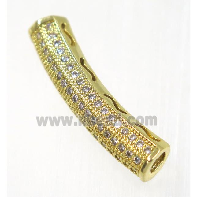 copper curving tube beads paved zircon, gold plated