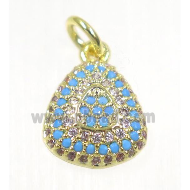 copper Teardrop pendant paved zircon, gold plated, turq