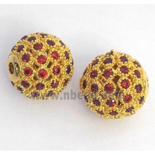 copper bead paved zircon, round, gold plated
