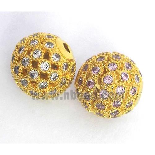 copper bead paved pink zircon, round, gold plated