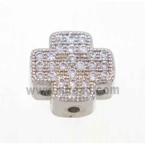 copper cross beads paved zircon, platinum color