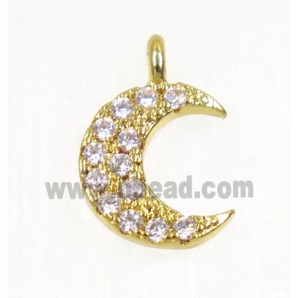 copper Crescent moon pendant paved zircon, gold plated
