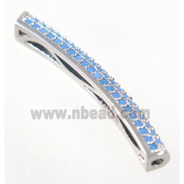 curving copper tube beads paved zircon, platinum plated, turq