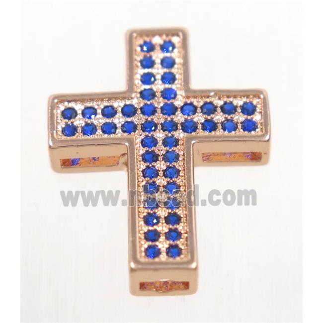 copper Cross beads paved blue zircon, rose gold