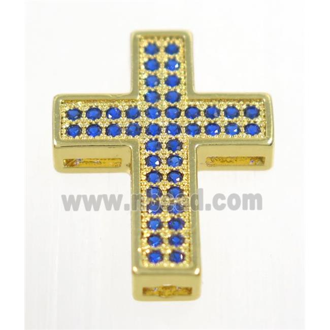 copper Cross beads paved blue zircon, gold plated
