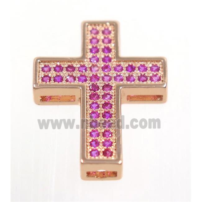 copper Cross beads paved hotpink zircon, rose gold