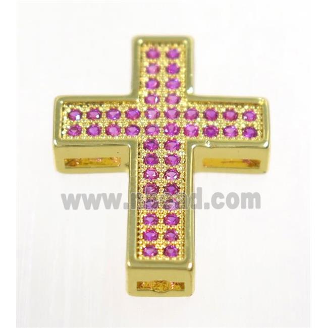 copper Cross beads paved hotpink zircon, gold plated
