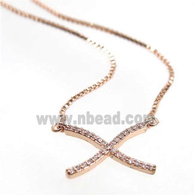 copper X necklace pave zircon, rose gold