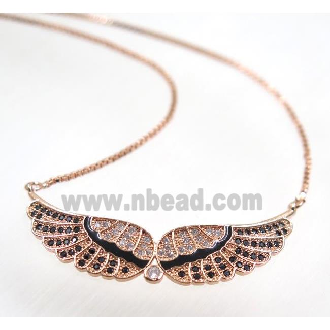 copper angel wing necklace pave zircon, rose gold