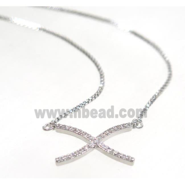 copper X necklace pave zircon, platinum plated