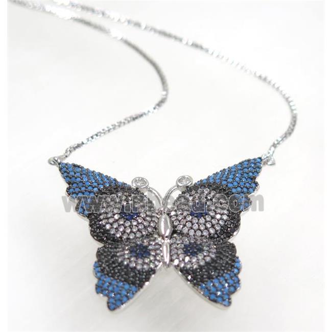 copper butterfly necklace pave zircon, platinum plated