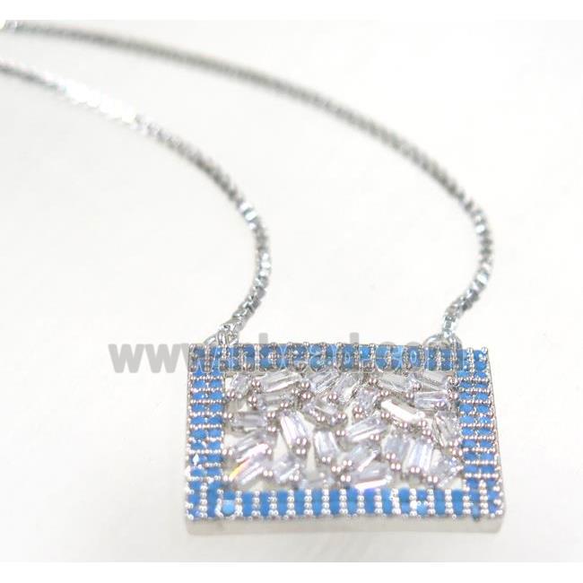copper rectangle necklace pave zircon, platinum plated