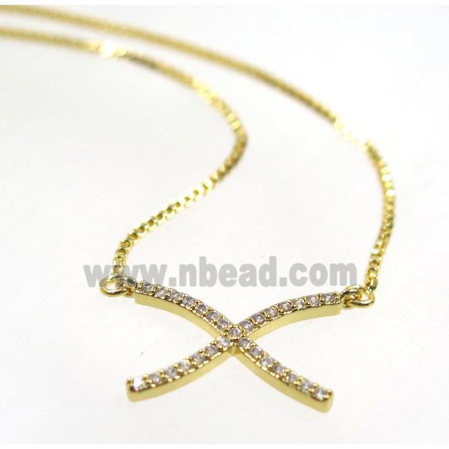 copper X necklace pave zircon, gold plated