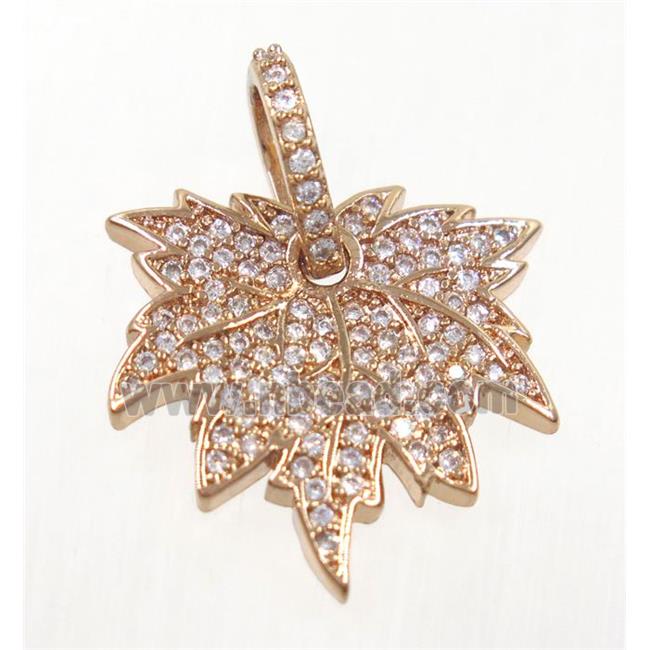 copper Maple Leaf pendant paved zircon, rose gold