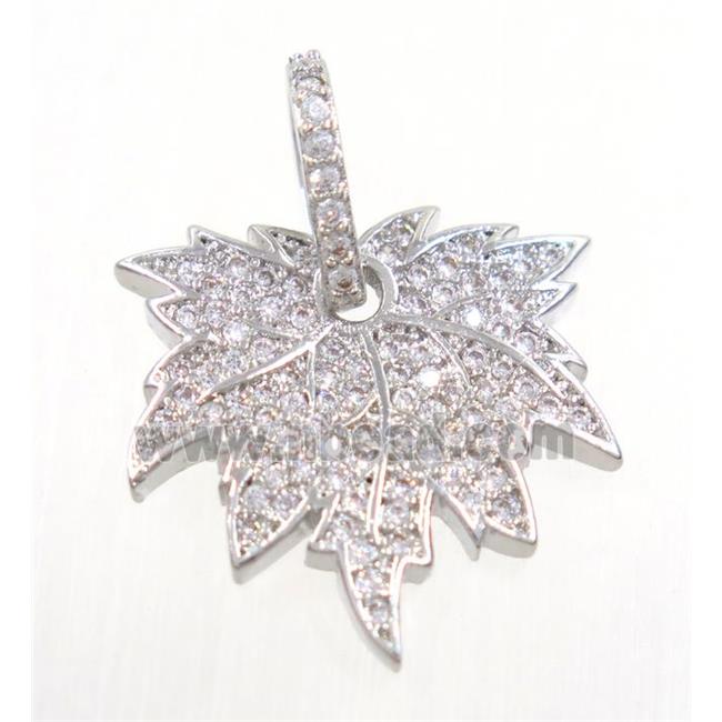 copper Maple Leaf pendant paved zircon, platinum plated